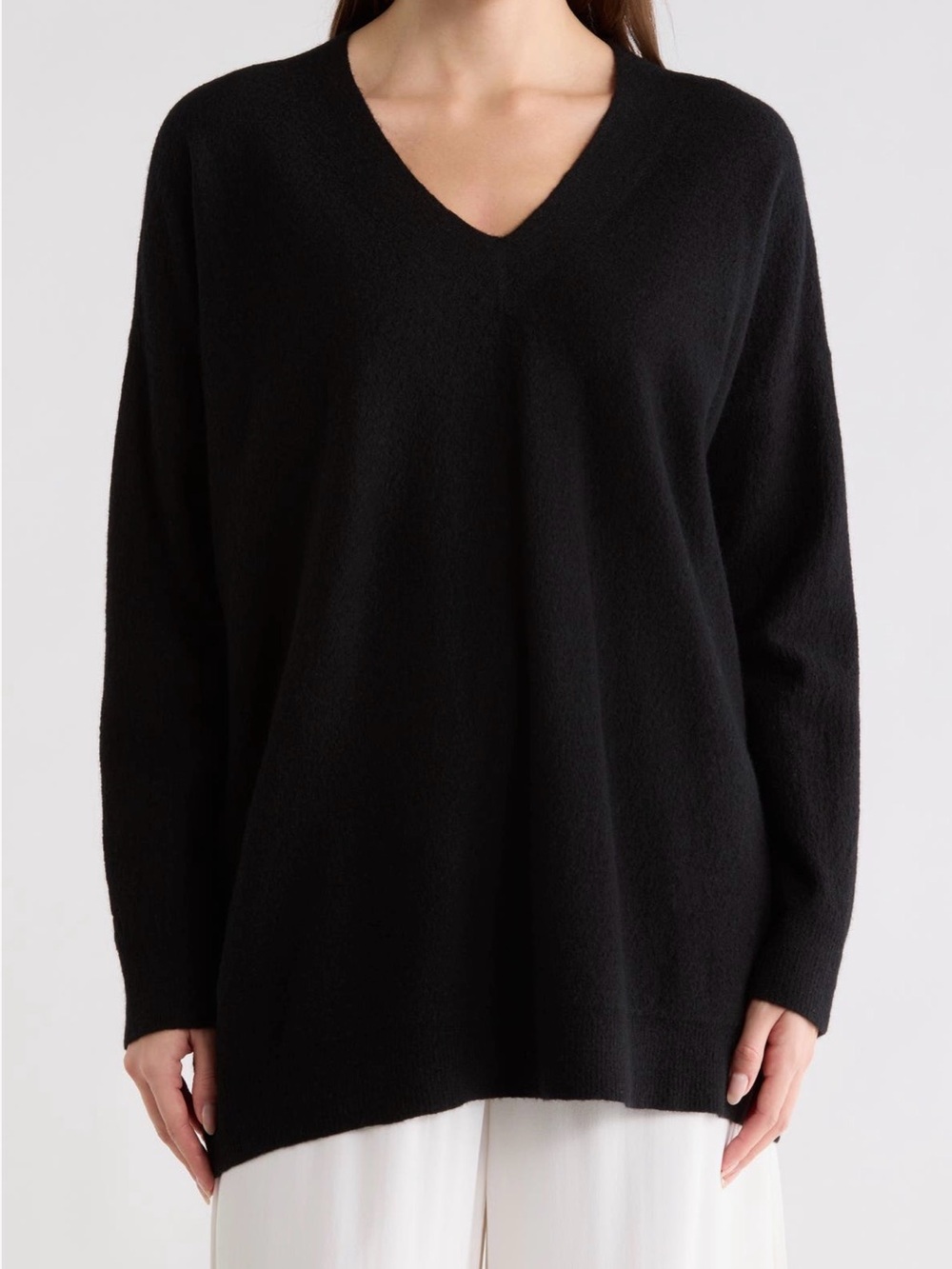 Eileen Fisher Black V-Neck Lightweight Knit Sweater Wool New